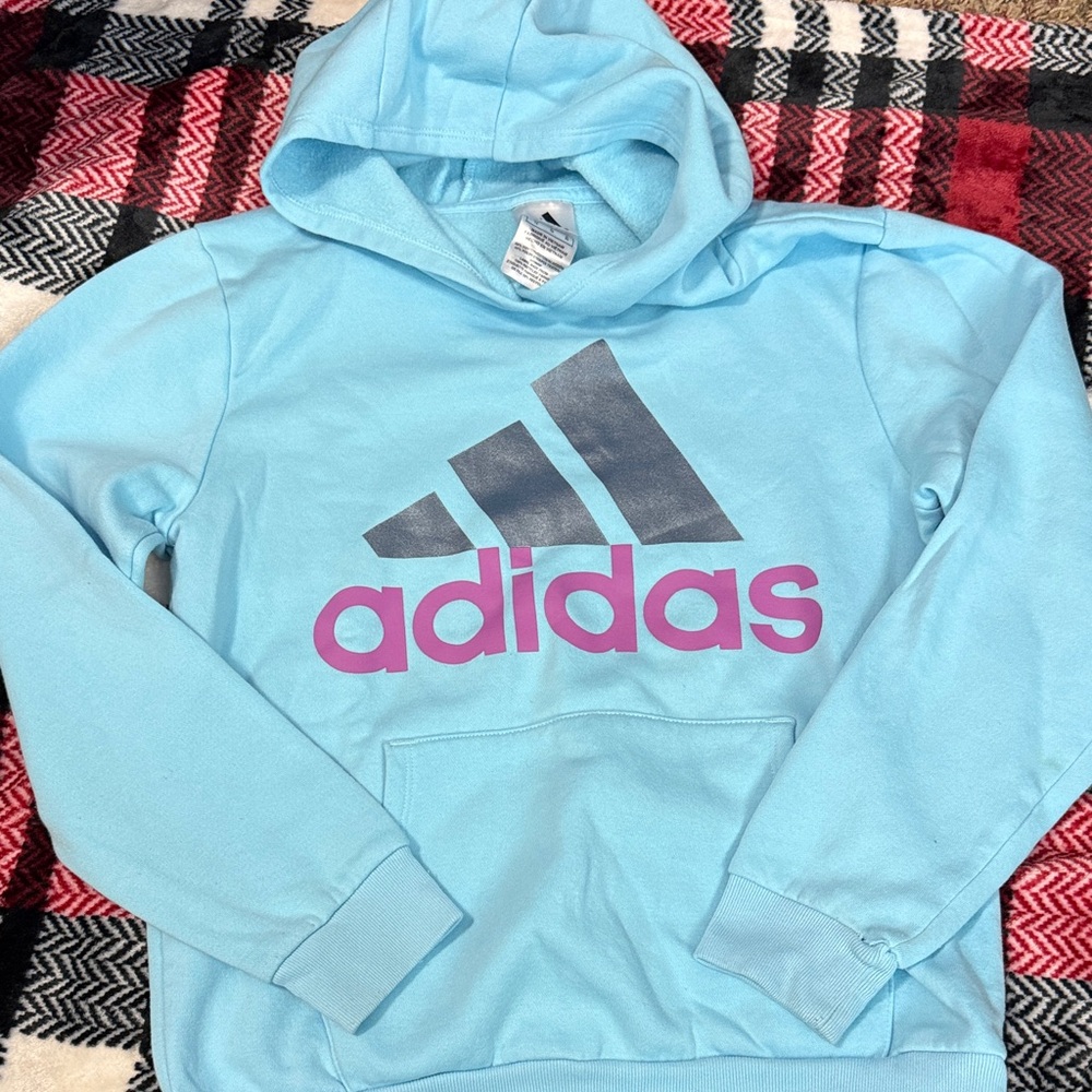 Adidas Sky Blue Hoodie with Pink Logo